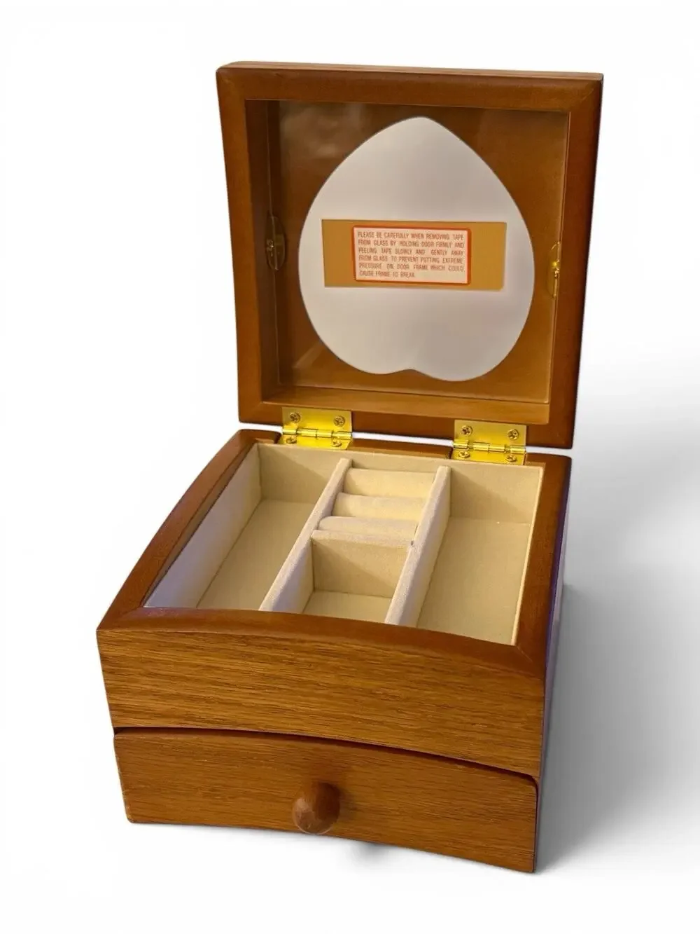 NEW Wooden Jewelry Box w/ Heart Shaped Glass Lid Velvet Lined Interior 1 Drawer